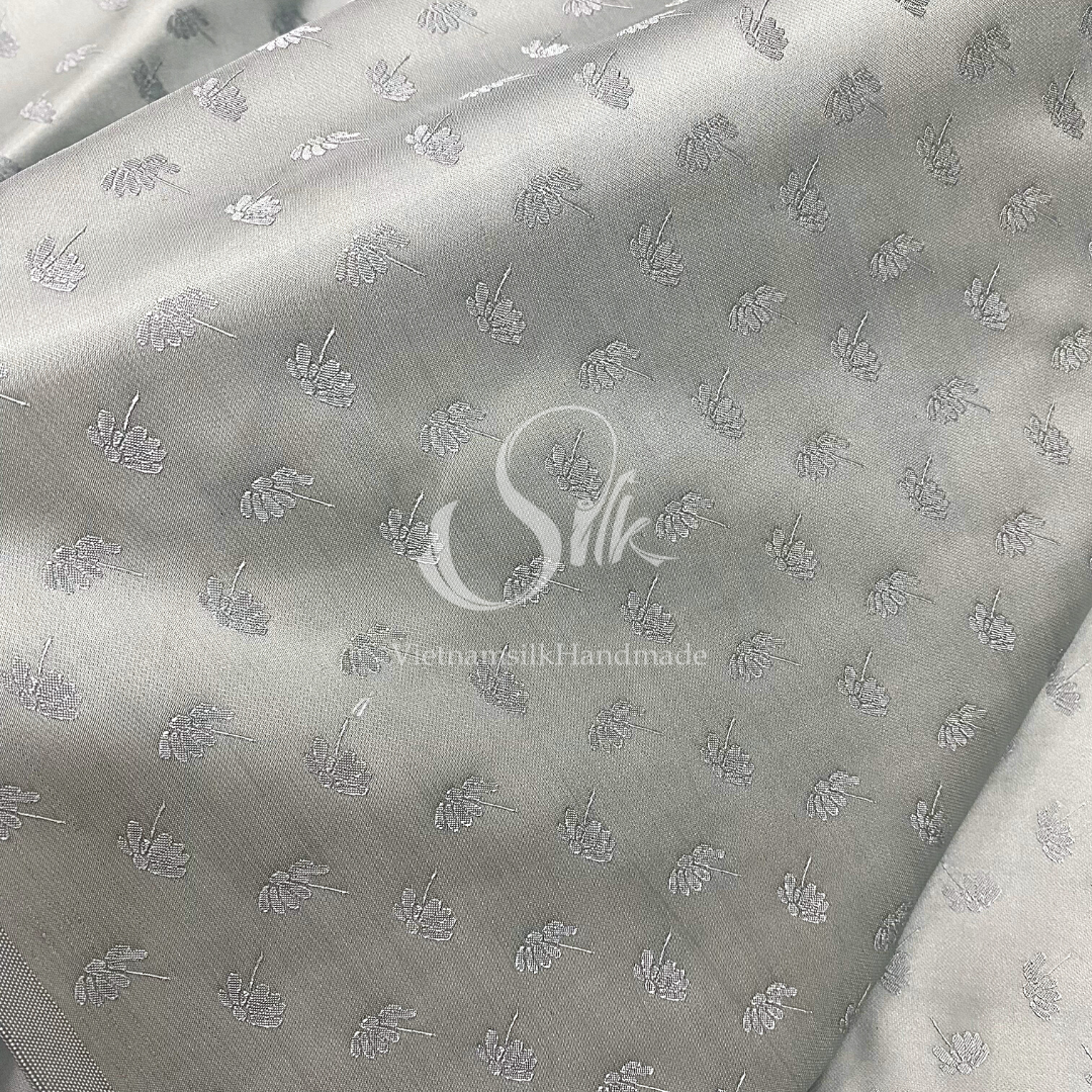 Light Gray Silk with Dandelion Flowers - PURE MULBERRY SILK fabric by the yard -  Floral Silk -Luxury Silk - Natural silk - Handmade in VietNam