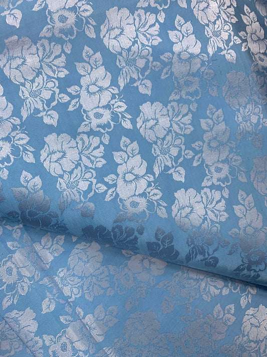 Baby Blue Silk with Flowers - PURE MULBERRY SILK fabric by the yard -  Floral Silk -Luxury Silk - Natural silk - Handmade in VietNam- Silk with Design