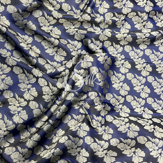 Denim Silk with Big Silver Flowers - PURE MULBERRY SILK fabric by the yard -  Floral Silk -Luxury Silk - Natural silk - Handmade in VietNam