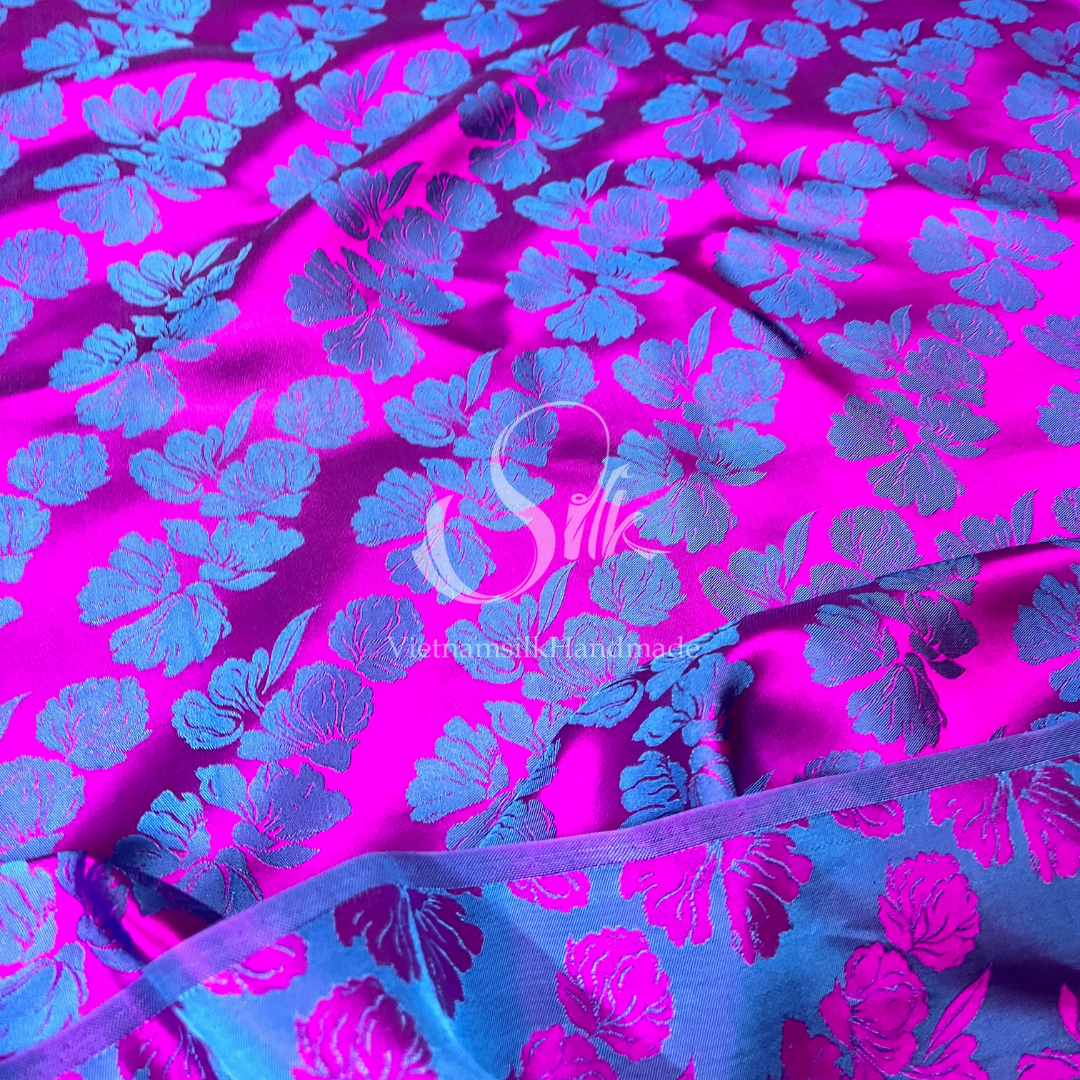 Purple Silk with Big Navy Flowers - PURE MULBERRY SILK fabric by the yard -  Floral Silk -Luxury Silk - Natural silk - Handmade in VietNam