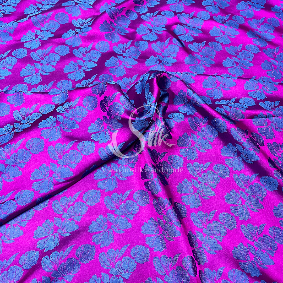 Purple Silk with Big Navy Flowers - PURE MULBERRY SILK fabric by the yard -  Floral Silk -Luxury Silk - Natural silk - Handmade in VietNam