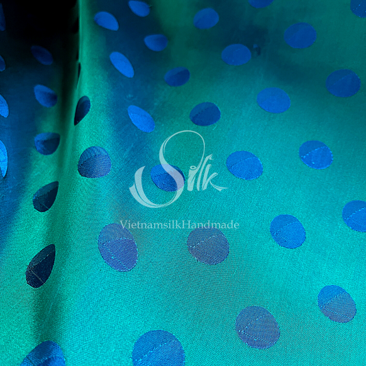 Mallard Green - Peacock Blue - Silk with Big Dots - PURE MULBERRY SILK fabric by the yard - Polkadot silk -Luxury Silk - Natural silk - Handmade in VietNam