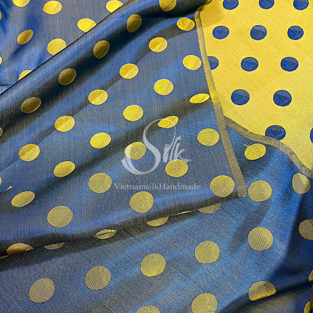 Silk with Yellow Big Dots - PURE MULBERRY SILK fabric by the yard - Polkadot silk -Luxury Silk - Natural silk - Handmade in VietNam- Silk with Design