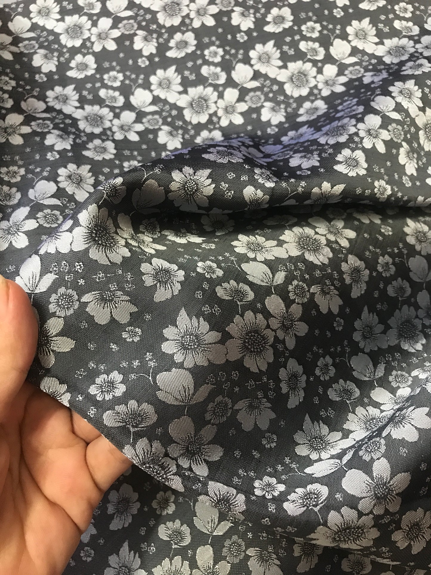 Dark Grey silk with flowers - PURE MULBERRY SILK fabric by the yard - Shadow Grey silk with flowers - Floral Silk -Luxury Silk - Natural silk - Handmade in VietNam