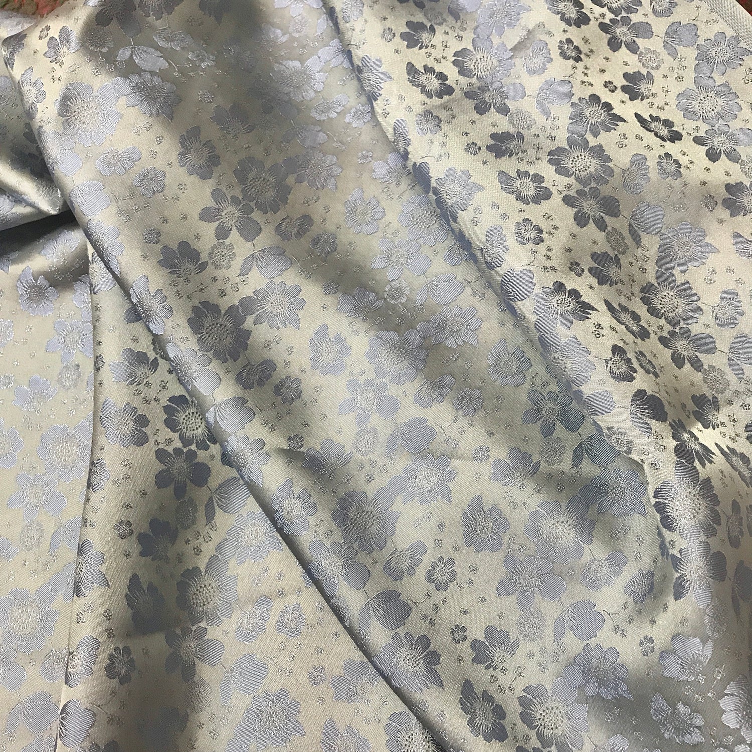 Golden Silk with Grey Flowers - PURE MULBERRY SILK fabric by the yard