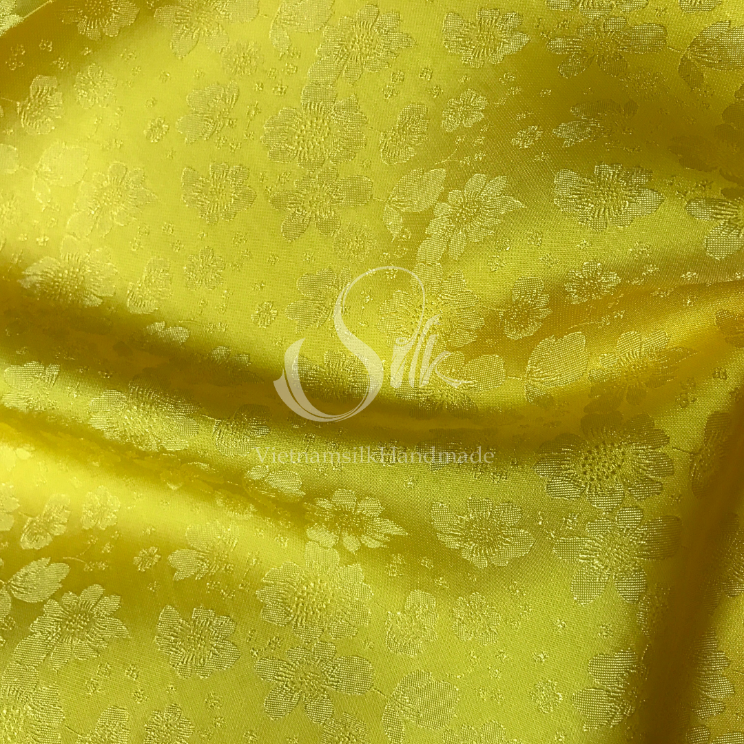 Yellow Floral Silk - PURE MULBERRY SILK fabric by the yard - Yellow silk with flowers - Floral Silk -Luxury Silk - Natural silk - Handmade in VietNam
