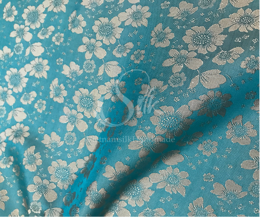 PURE MULBERRY SILK fabric by the yard - Blue silk with flowers - Floral Silk -Luxury Silk - Natural silk - Handmade in VietNam- Silk with Design