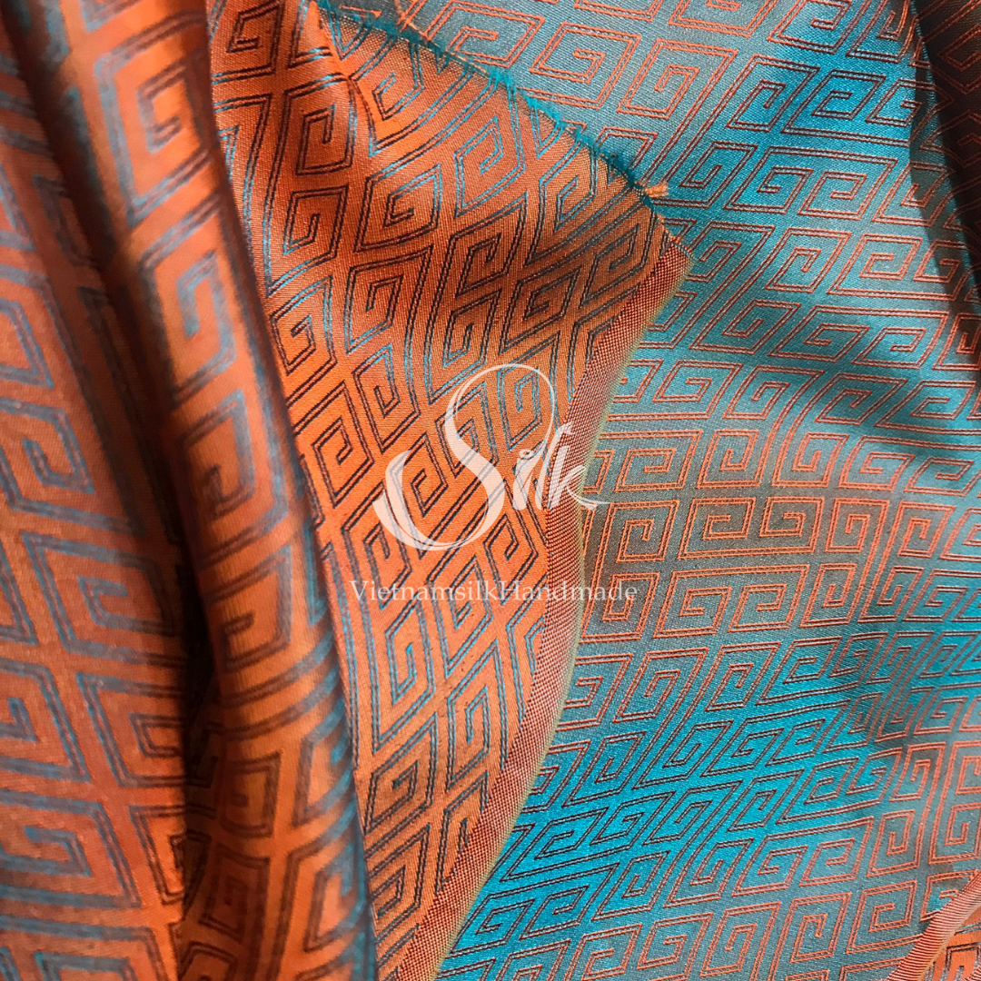 Green Silk with Orange Plaid pattern - PURE MULBERRY SILK fabric by the yard -Luxury Silk - Natural silk - Handmade in VietNam- Silk with Design