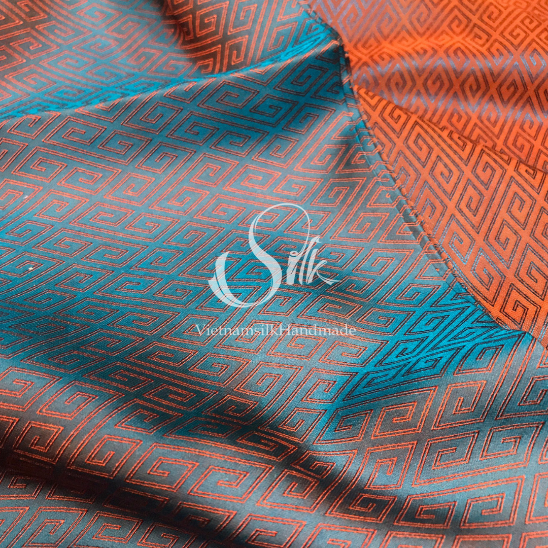 Green Silk with Orange Plaid pattern - PURE MULBERRY SILK fabric by the yard -Luxury Silk - Natural silk - Handmade in VietNam- Silk with Design