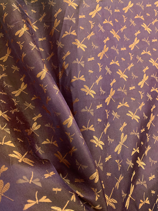 Brown silk with Bronze Dragonfly patterns - PURE MULBERRY SILK fabric by the yard - Gragonfly silk -Luxury Silk - Natural silk - Handmade in VietNam