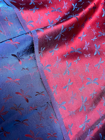 Red Navy silk with Dragonfly patterns - PURE MULBERRY SILK fabric by the yard - Gragonfly silk -Luxury Silk - Natural silk - Handmade in VietNam