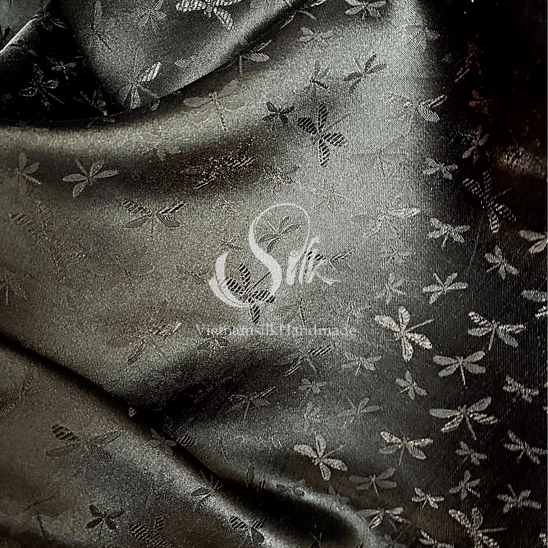 Black silk with Bronze Dragonfly patterns - PURE MULBERRY SILK fabric by the yard - Gragonfly silk -Luxury Silk - Natural silk - Handmade in VietNam