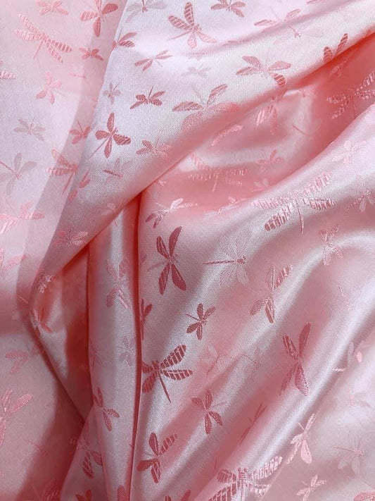 Pink silk with Dragonfly patterns - PURE MULBERRY SILK fabric by the yard - Gragonfly silk -Luxury Silk - Natural silk - Handmade in VietNam