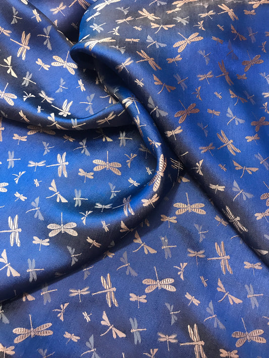 Navy silk with Bronze Dragonfly patterns - PURE MULBERRY SILK fabric by the yard - Gragonfly silk -Luxury Silk - Natural silk - Handmade in VietNam
