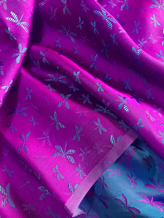 Purple silk with Navy Dragonfly patterns - PURE MULBERRY SILK fabric by the yard - Gragonfly silk -Luxury Silk - Natural silk - Handmade in VietNam