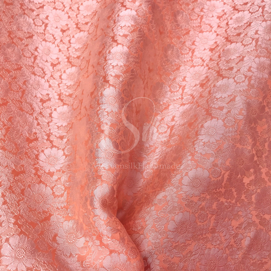Melon Orange silk with Daisy chrysanthemums - PURE MULBERRY SILK fabric by the yard -  Floral Silk -Luxury Silk - Natural silk - Handmade in VietNam