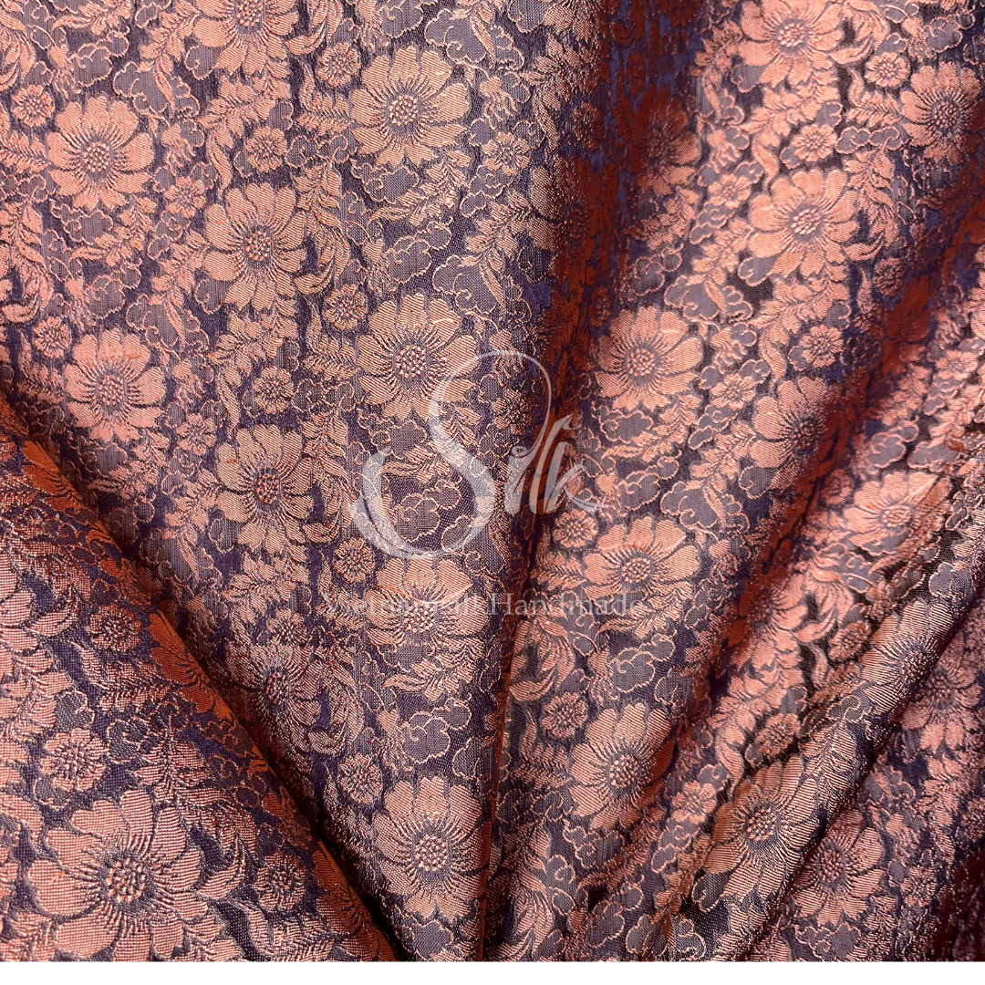 Pure Silk with Daisy Flowers - PURE MULBERRY SILK fabric by the yard - Bronze Floral Silk -Luxury Silk - Natural silk - Handmade in VietNam