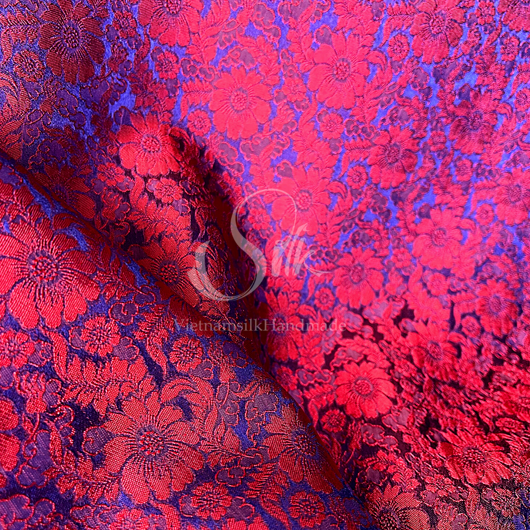 Navy Silk with Red Daisy Flowers - PURE MULBERRY SILK fabric by the yard - Floral Silk -Luxury Silk - Natural silk - Handmade in VietNam