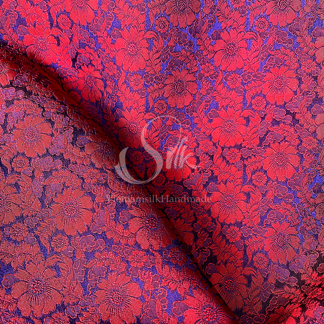 Navy Silk with Red Daisy Flowers - PURE MULBERRY SILK fabric by the yard - Floral Silk -Luxury Silk - Natural silk - Handmade in VietNam