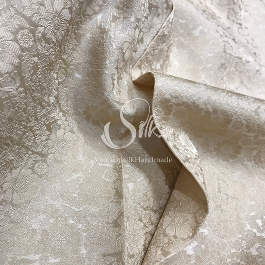 Beige Silk with Daisy Flowers - PURE MULBERRY SILK fabric by the yard -  Floral Silk -Luxury Silk - Natural silk