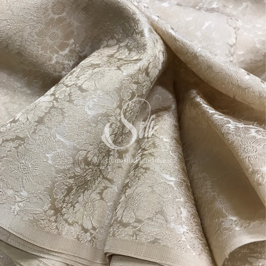 Beige Silk with Daisy Flowers - PURE MULBERRY SILK fabric by the yard -  Floral Silk -Luxury Silk - Natural silk