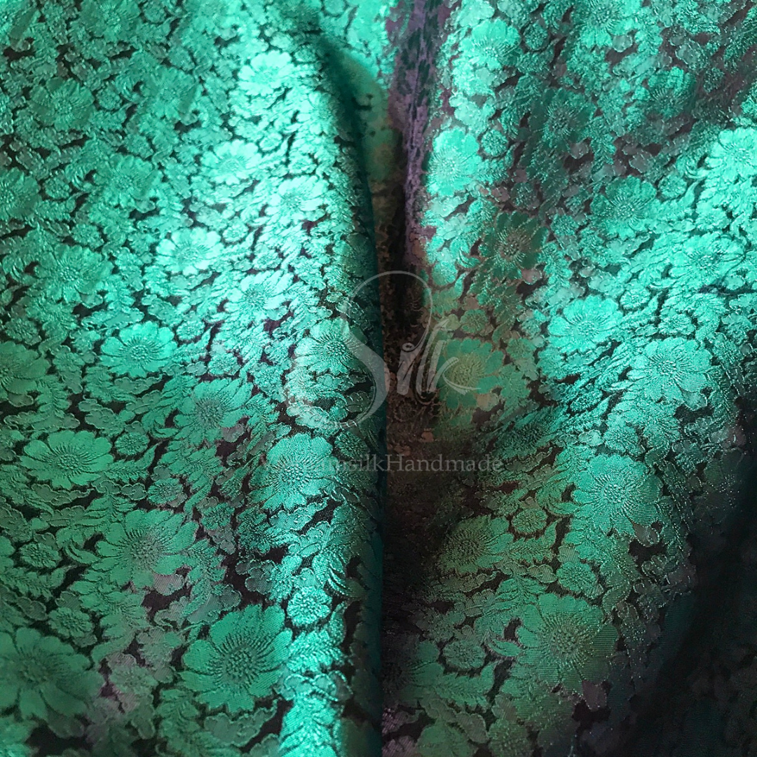 Dark green silk with Daisy chrysanthemums - PURE MULBERRY SILK fabric by the yard -  Floral Silk -Luxury Silk - Natural silk - Handmade in VietNam