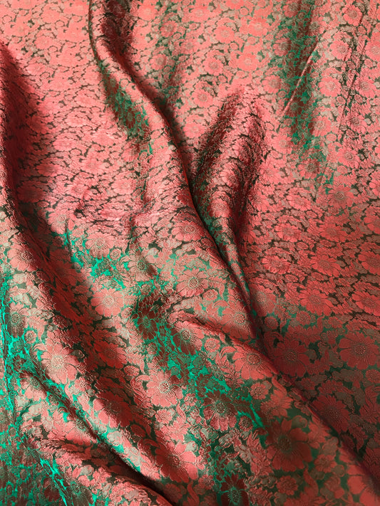 Green silk with Bronze Daisy chrysanthemums - PURE MULBERRY SILK fabric by the yard -  Floral Silk -Luxury Silk - Natural silk - Handmade in VietNam