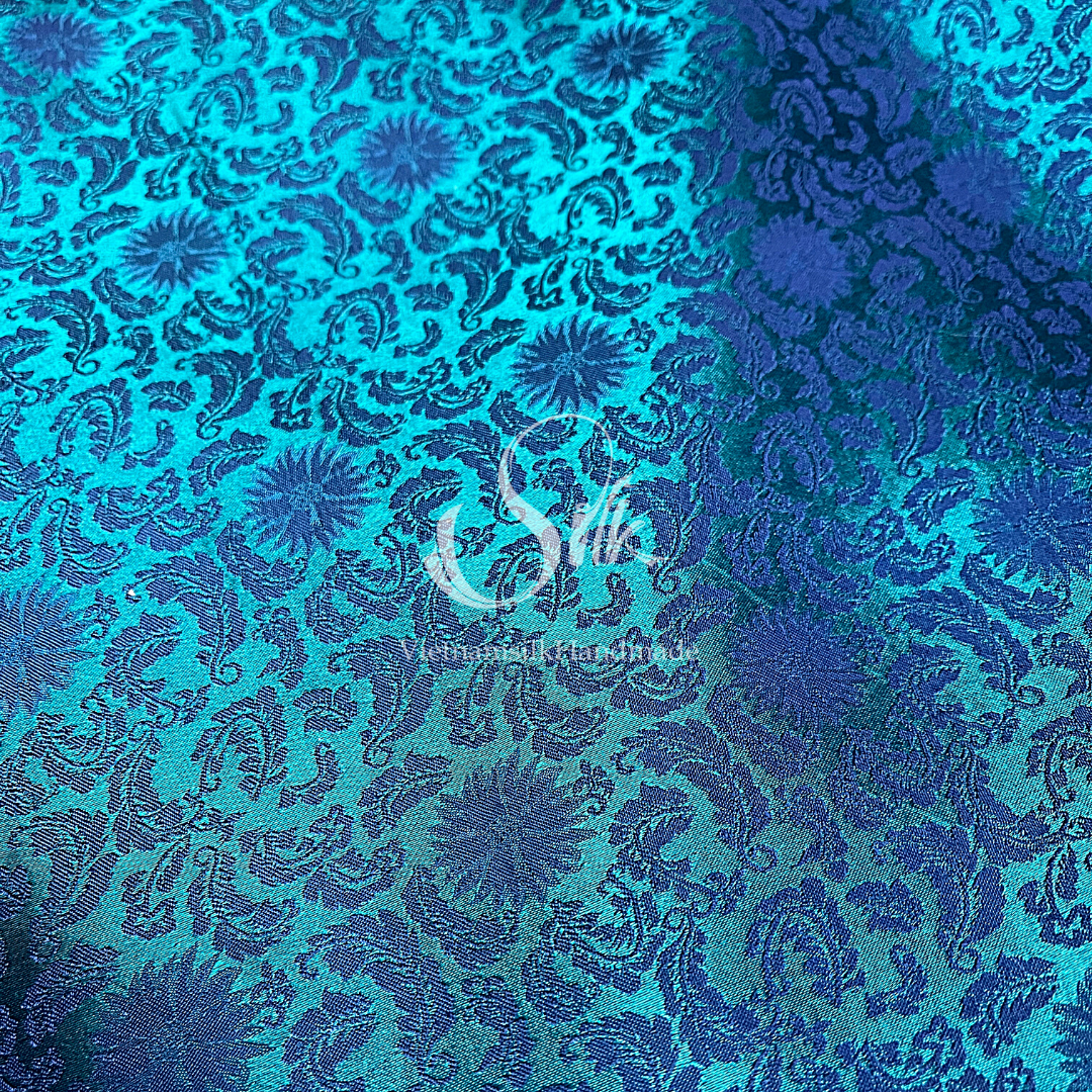 Mallard Green and Peacock Blue Silk with Flowers - PURE MULBERRY SILK fabric by the yard -  Floral Silk -Luxury Silk - Natural silk - Handmade in VietNam