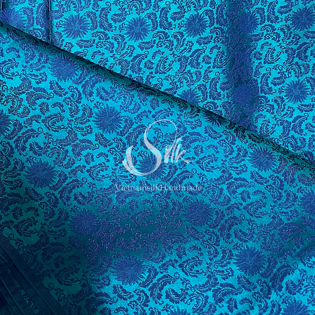 Mallard Green and Peacock Blue Silk with Flowers - PURE MULBERRY SILK fabric by the yard -  Floral Silk -Luxury Silk - Natural silk - Handmade in VietNam