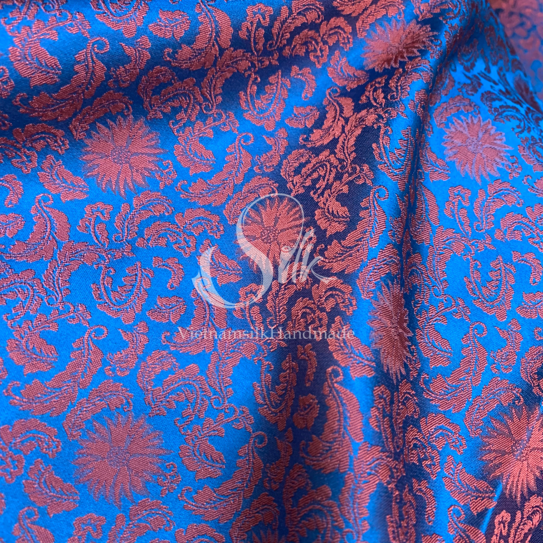 Blue Silk with Orange Flowers - PURE MULBERRY SILK fabric by the yard -  Floral Silk -Luxury Silk - Natural silk - Handmade in VietNam