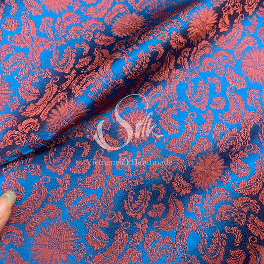 Blue Silk with Orange Flowers - PURE MULBERRY SILK fabric by the yard -  Floral Silk -Luxury Silk - Natural silk - Handmade in VietNam