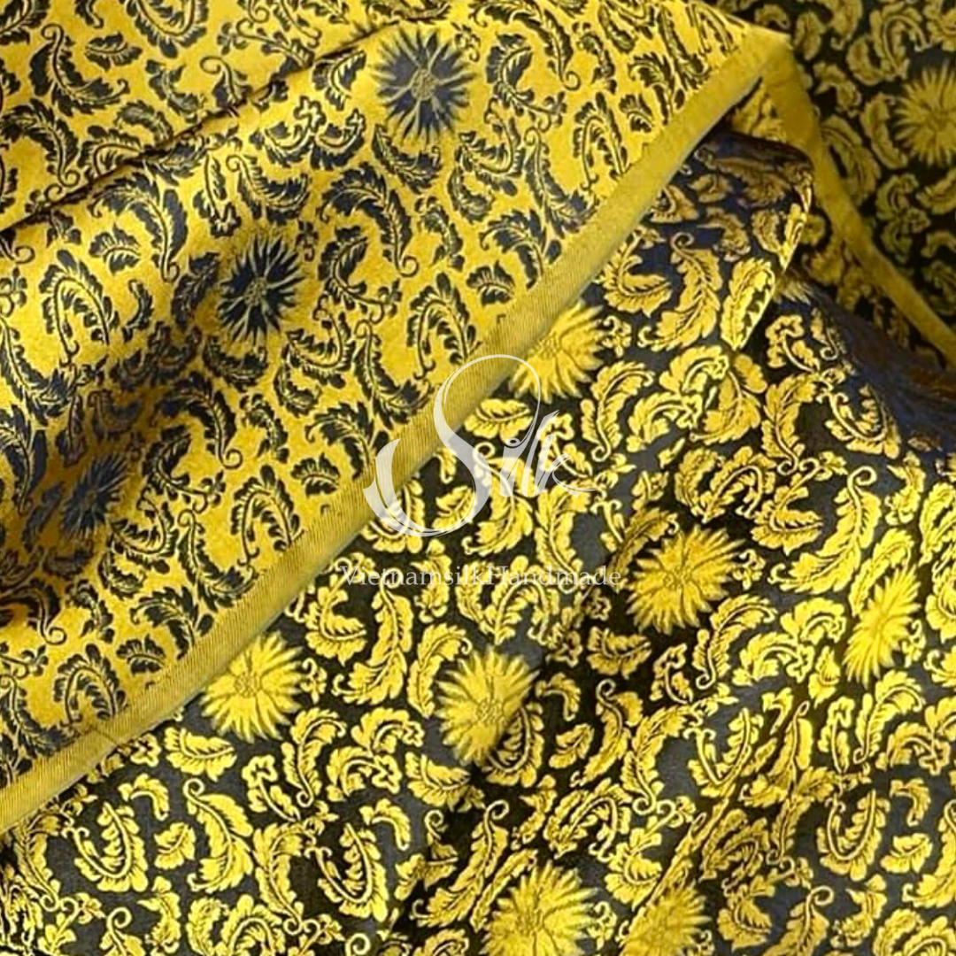 Yellow Silk with Black Flowers - PURE MULBERRY SILK fabric by the yard -  Floral Silk -Luxury Silk - Natural silk - Handmade in VietNam