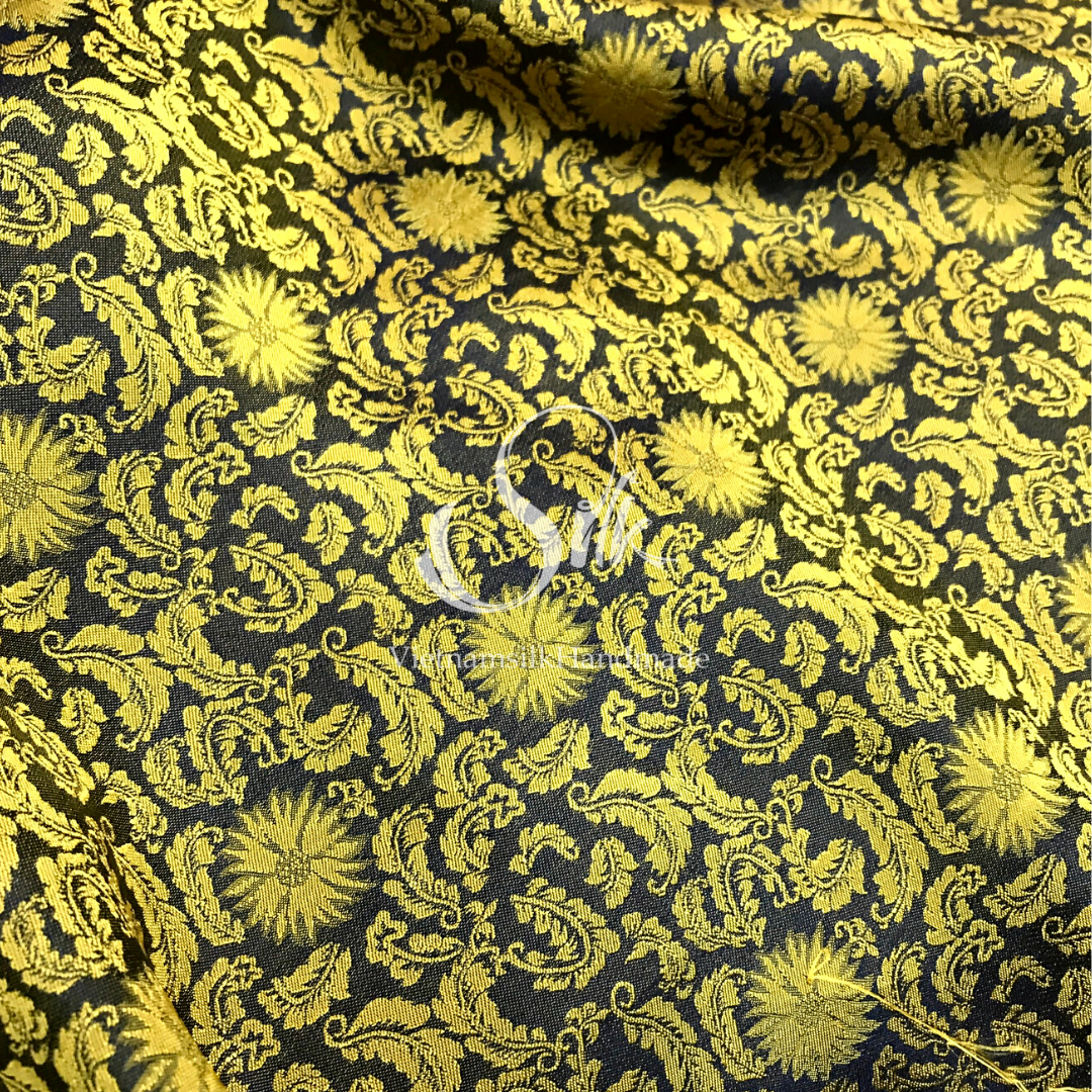 Yellow Silk with Black Flowers - PURE MULBERRY SILK fabric by the yard -  Floral Silk -Luxury Silk - Natural silk - Handmade in VietNam