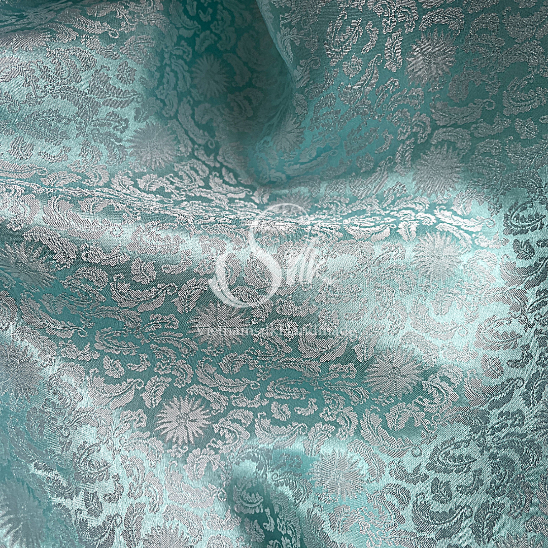 Light Sky Silk with Flowers - PURE MULBERRY SILK fabric by the yard -  Floral Silk -Luxury Silk - Natural silk - Handmade in VietNam- Silk with Design