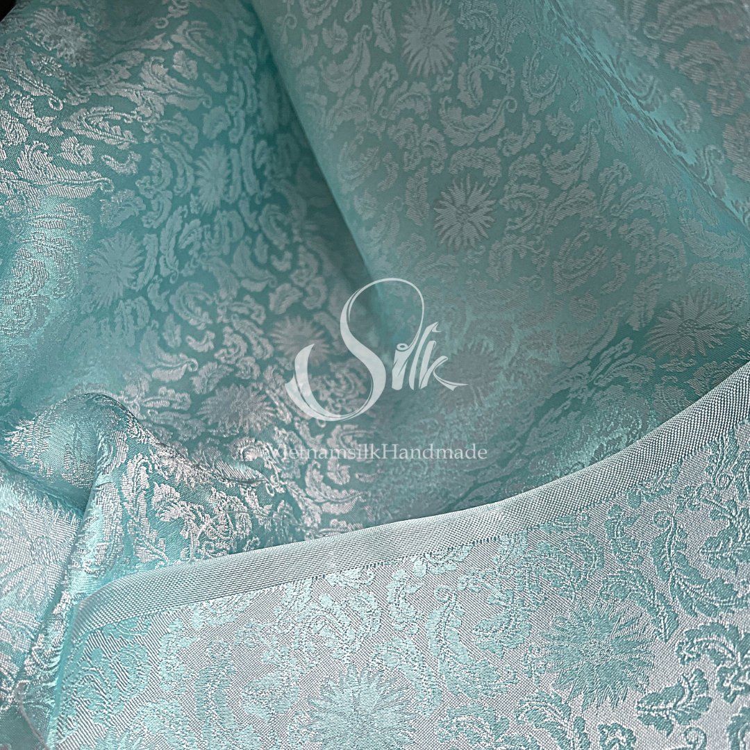 Light Sky Silk with Flowers - PURE MULBERRY SILK fabric by the yard -  Floral Silk -Luxury Silk - Natural silk - Handmade in VietNam- Silk with Design