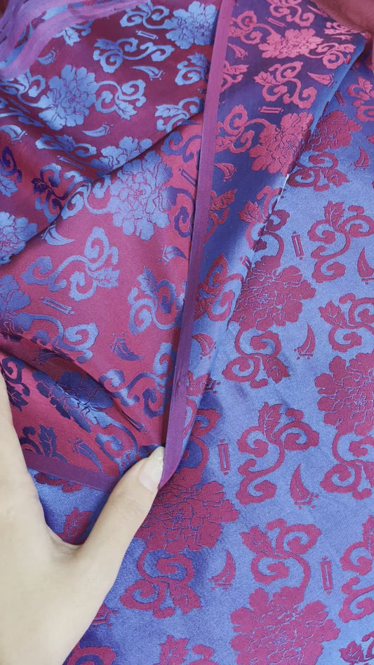 Navy Silk with Red Flowers - PURE MULBERRY SILK fabric by the yard -  Floral Silk -Luxury Silk - Natural silk - Handmade in VietNam- Silk with Design