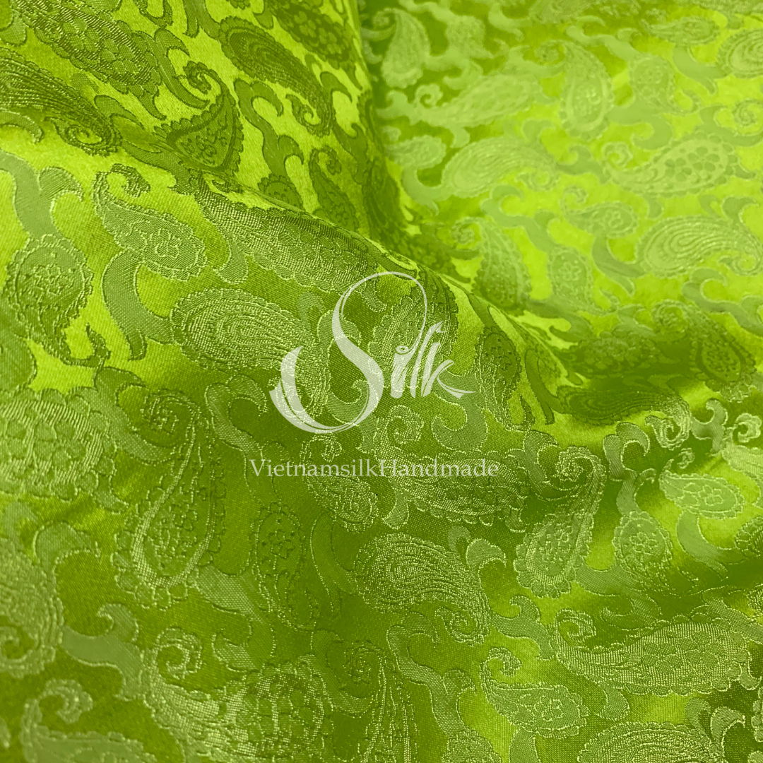 Chartreuse green Silk - PURE MULBERRY SILK fabric by the yard -  Floral Silk - Paisley design Silk -Luxury Silk - Natural silk - Handmade in VietNam