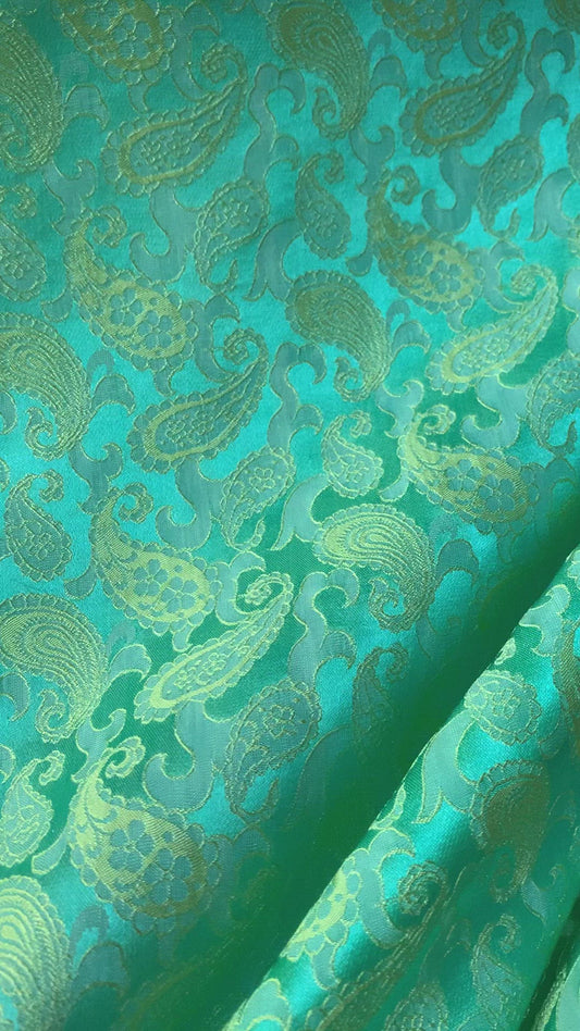 Turquoise silk with Paisley design - PURE MULBERRY SILK fabric by the yard - Luxury Silk - Natural silk - Handmade in VietNam- Silk with Design