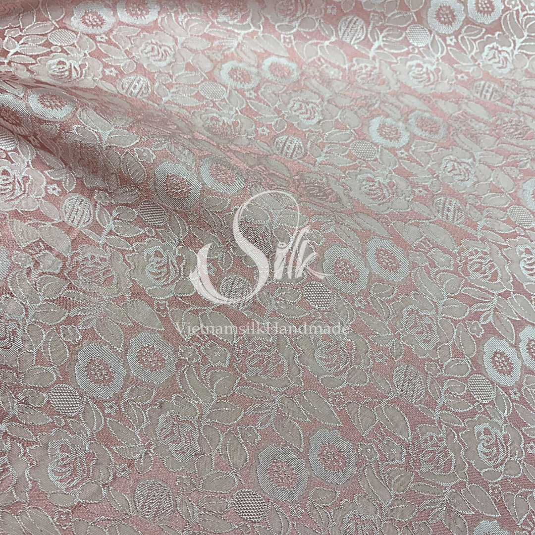 Baby Pink Silk with Flowers - PURE MULBERRY SILK fabric by the yard - Natural silk - Handmade in VietNa