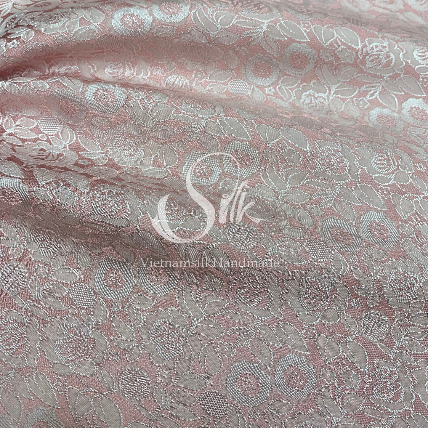 Baby Pink Silk with Flowers - PURE MULBERRY SILK fabric by the yard - Natural silk - Handmade in VietNa