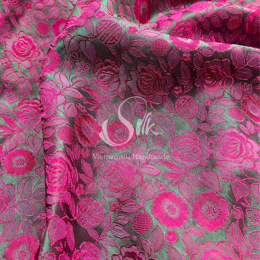 Green Silk with Pink Flowers - PURE MULBERRY SILK fabric by the yard -  Floral Silk - Rose Silk -Luxury Silk - Natural silk - Handmade in VietNam