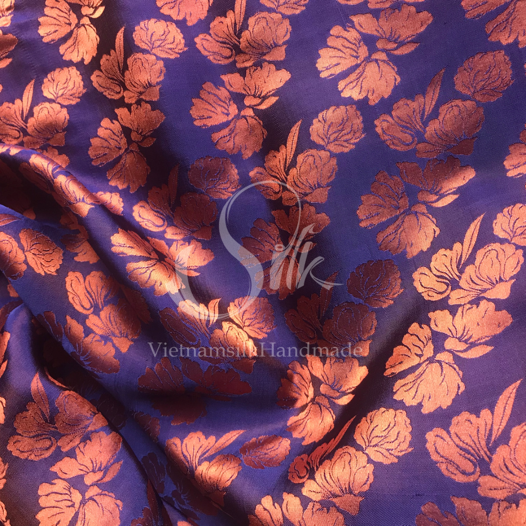 Silk with Bronze Flowers - PURE MULBERRY SILK fabric by the yard -  Floral Silk -Luxury Silk - Natural silk - Handmade in VietNam- Silk with Design