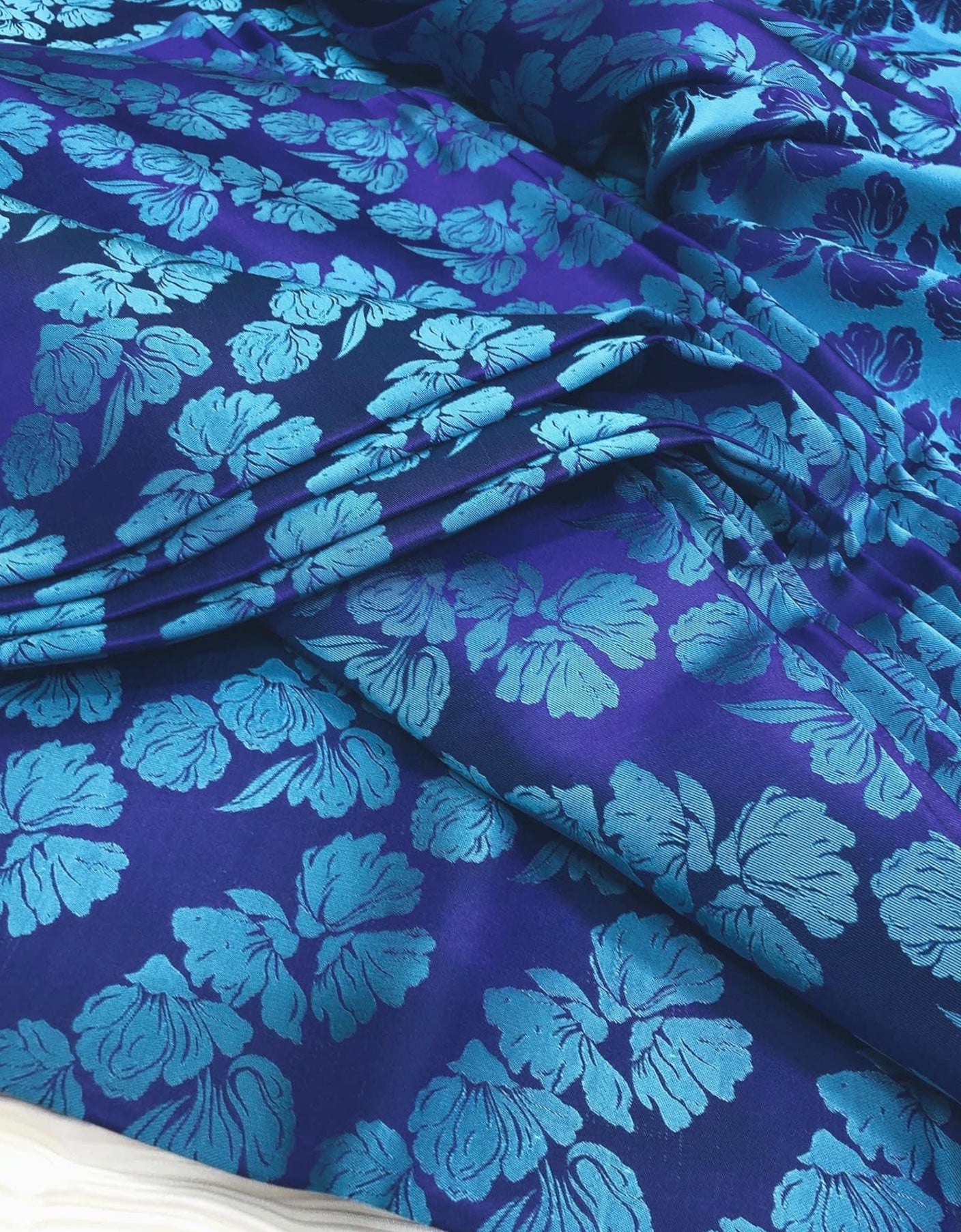Blue silk with Flowers - PURE MULBERRY SILK fabric by the yard - Flora