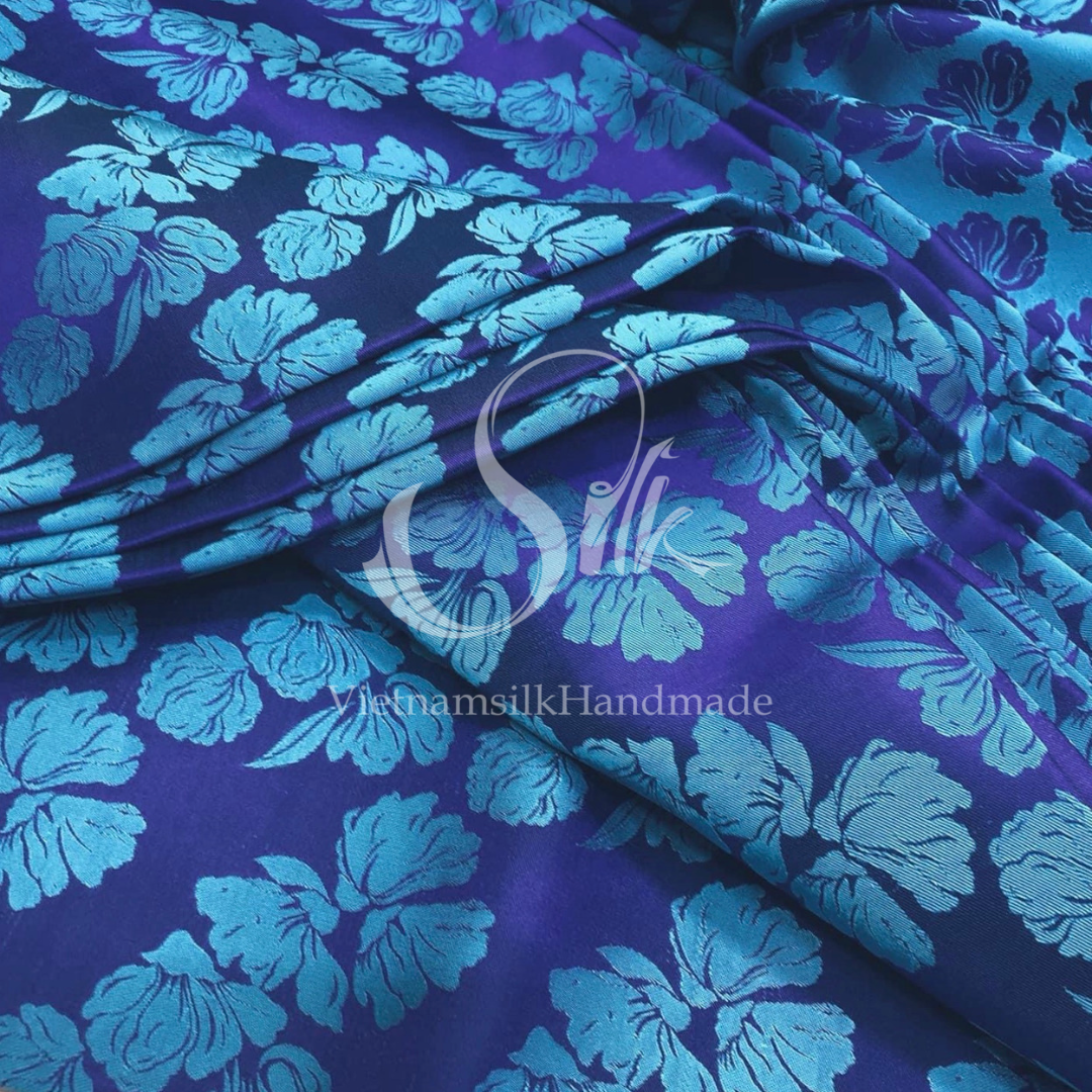 Blue silk with Flowers - PURE MULBERRY SILK fabric by the yard -  Floral Silk -Luxury Silk - Natural silk - Handmade in VietNam- Silk with Design