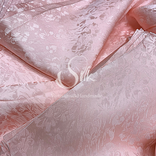Baby Pink Silk with Flowers - PURE MULBERRY SILK fabric by the yard -  Floral Silk -Luxury Silk - Natural silk - Handmade in VietNam- Silk with Design