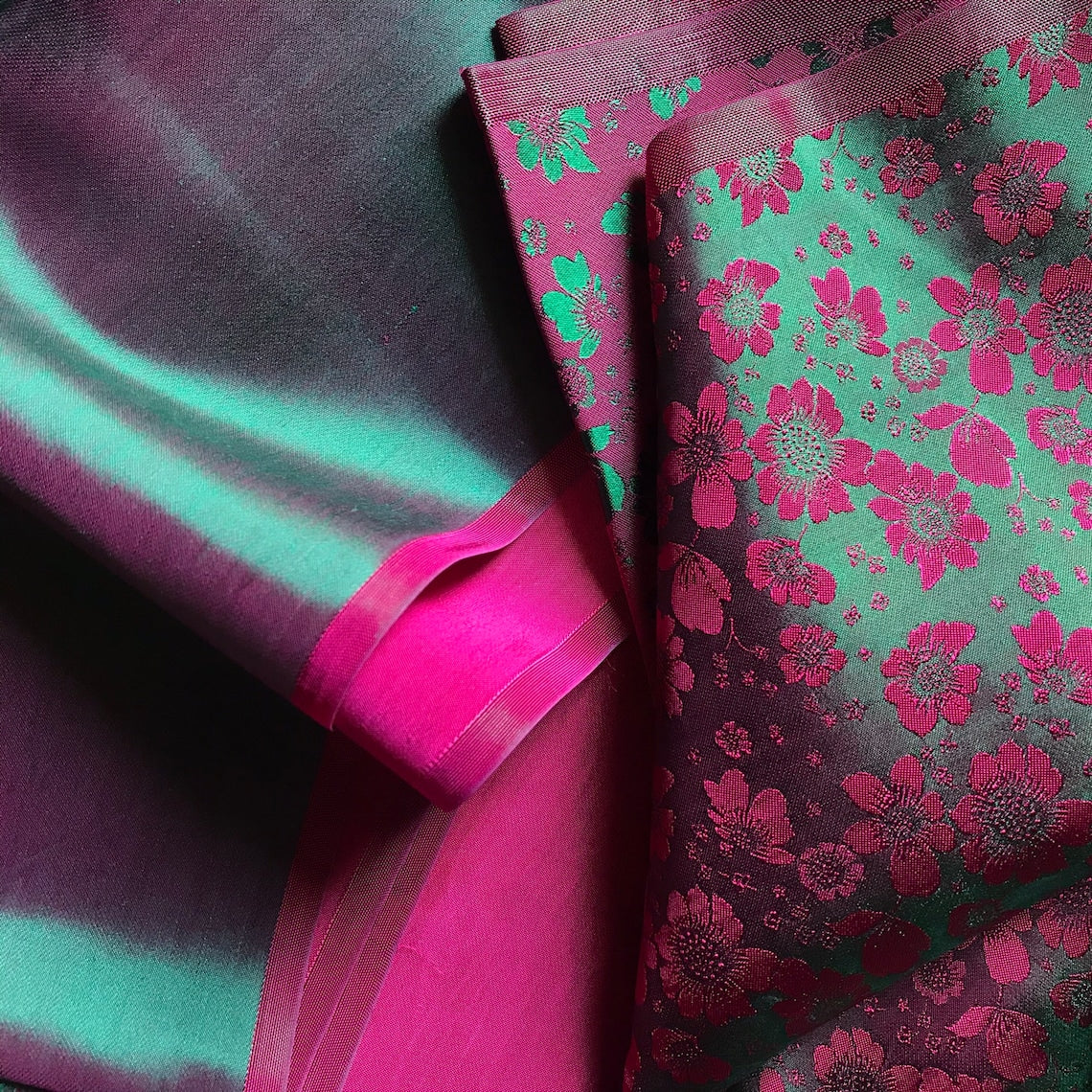 PURE MULBERRY SILK fabric by the yard - Luxury silk - Green and hot pink - Natural silk - Handmade in VietNam - Double-sided silk
