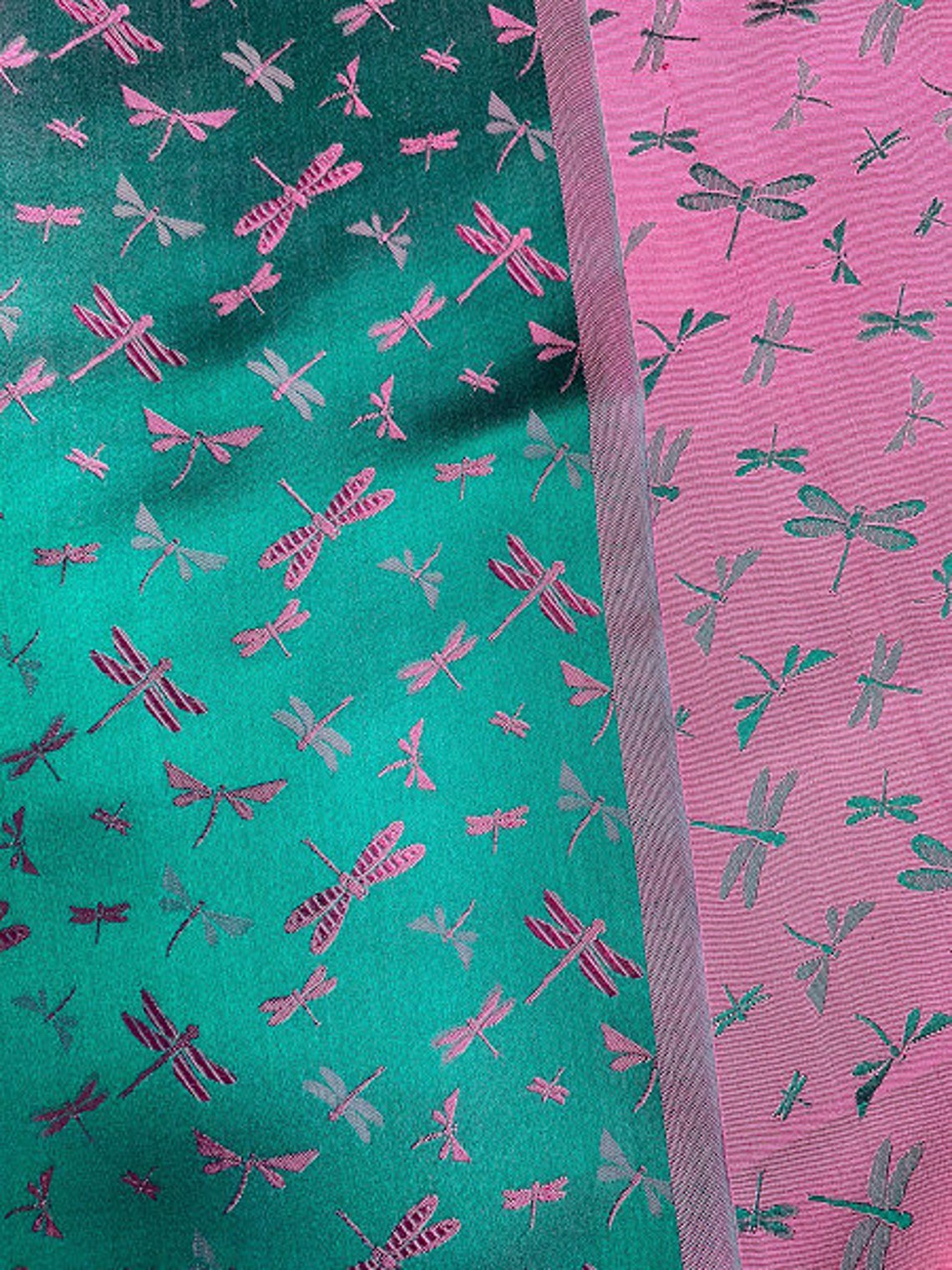 PURE MULBERRY SILK | NATURAL SILK | HANDMADE IN VIETNAM | DRAGONFLY PATTERN | GREEN AND PURPLE | SILK WITH DESIGN