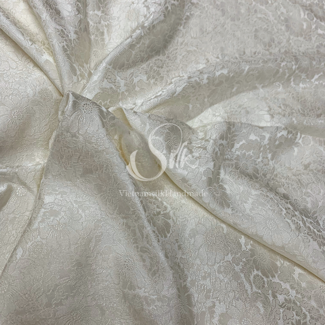Premium Silk Fabric - White Floral Silk - HIGH-GRADE - 100% Mulberry Silk fabric by the yard - Luxury silk -  Natural silk - Organic Silk - Handmade in Vietnam