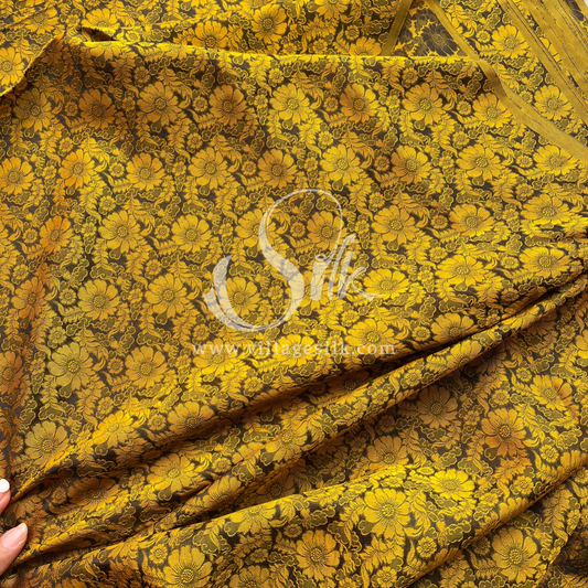 Black Silk with Yellow Daisy Flowers - PURE MULBERRY SILK fabric by the yard -  Floral Silk -Luxury Silk - Natural silk
