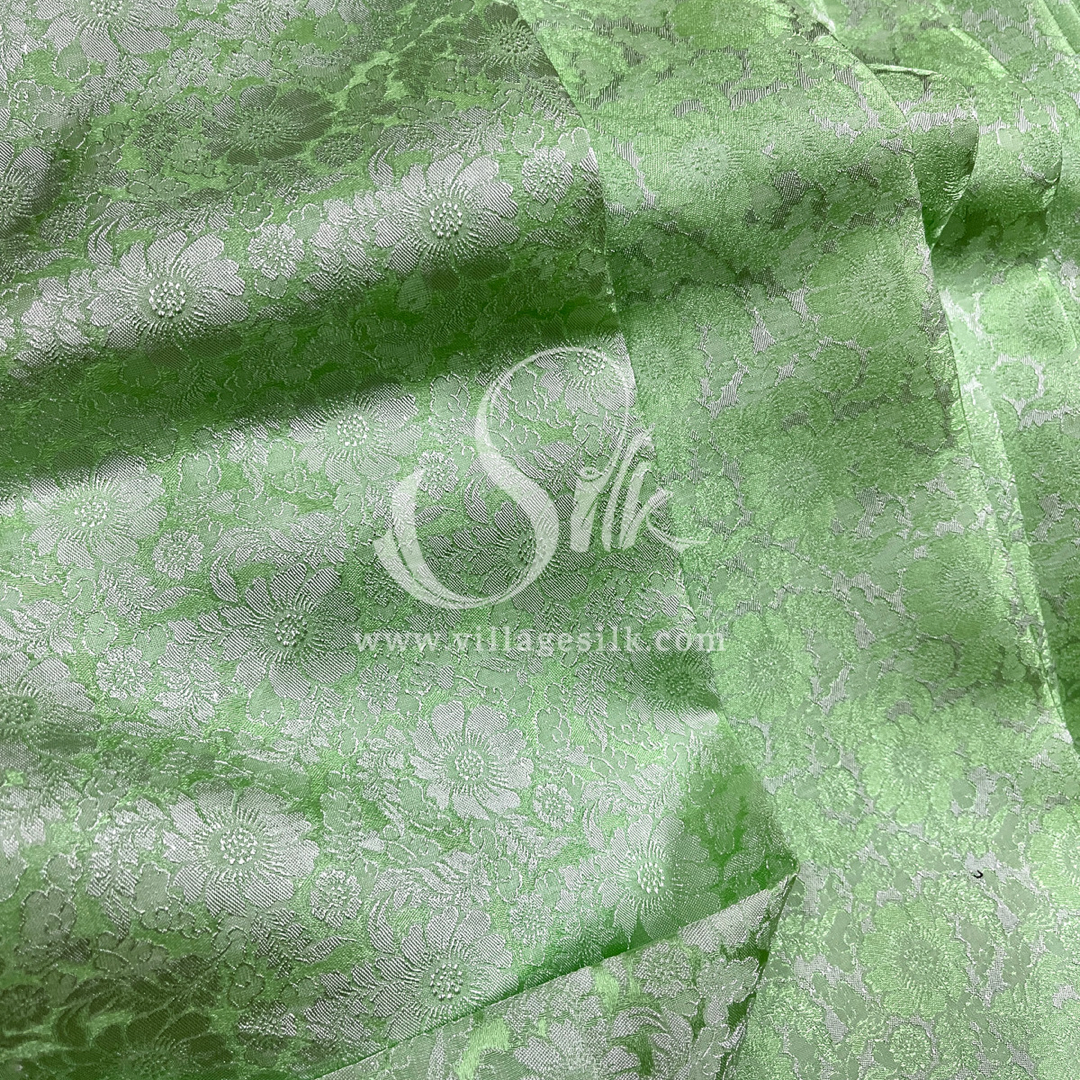 Green Mint Silk with Daisy Flowers - PURE MULBERRY SILK fabric by the yard -  Floral Silk -Luxury Silk - Natural silk